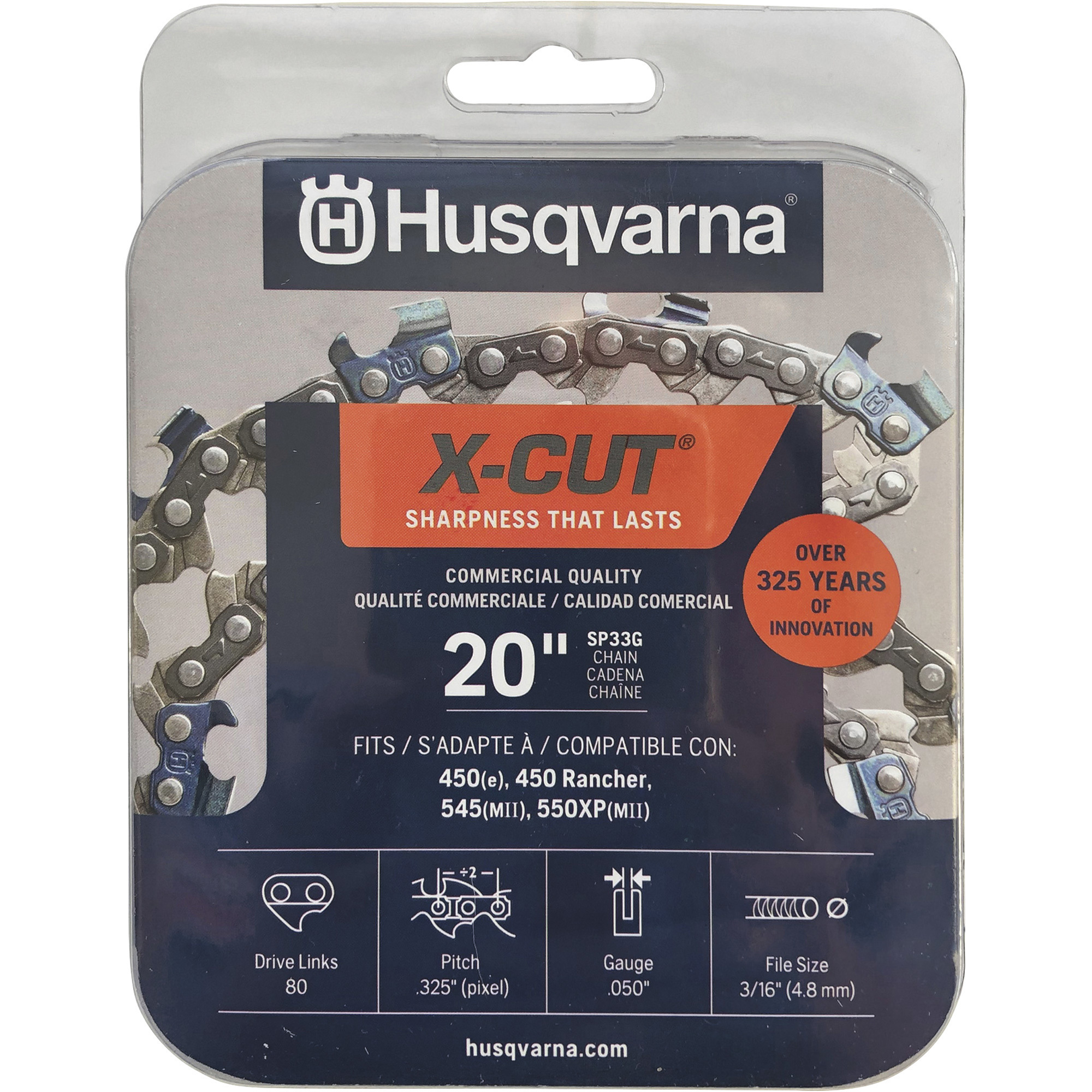 Husqvarna X-Cut Chainsaw Chain, 0.325in. x 0.050in., Fits 20in. Bar, Model# 024761029681